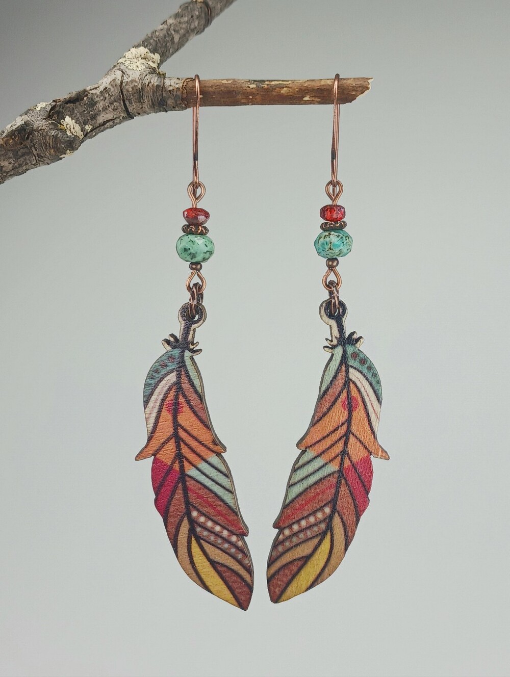 Painted Wood Feather Earrings African Turquoise Jasper Copper Artisan - Picture 5 of 7